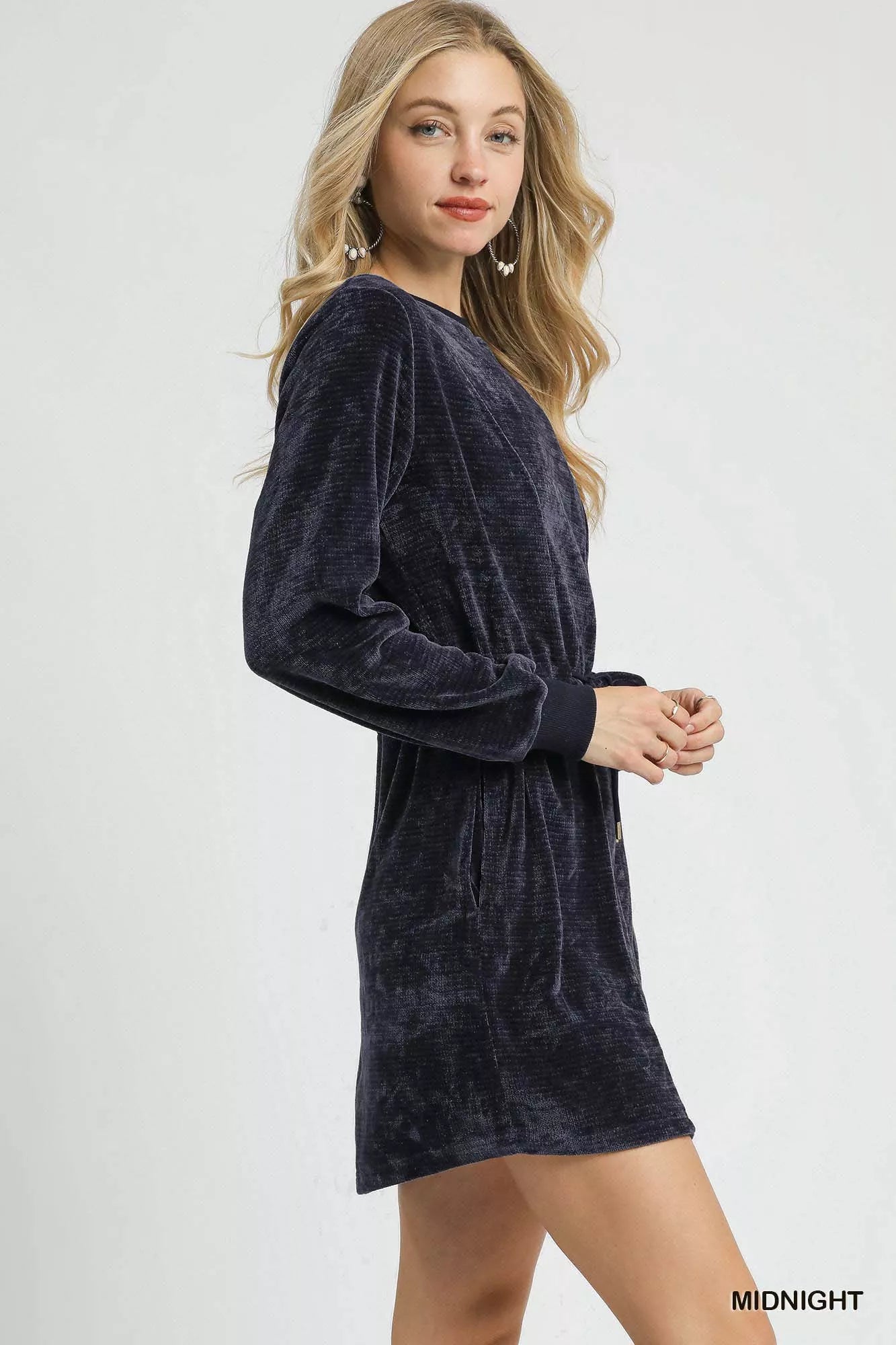 Umgee Velour Drawstring Mini Dress with Long Sleeves - Tigbul's Variety Fashion Shop