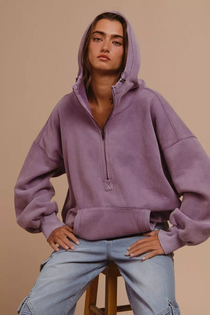 BiBi Stitch Detailed Elastic Hem Half Zip Fleece Hoodie - Tigbul's Variety Fashion Shop