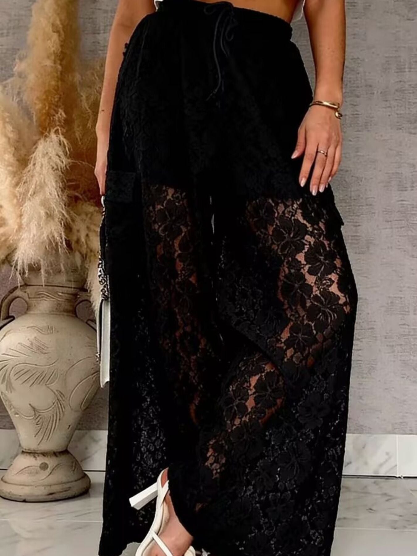 Women’s lace wide-leg pants, black—lace overlay with front slit and flared wide legs