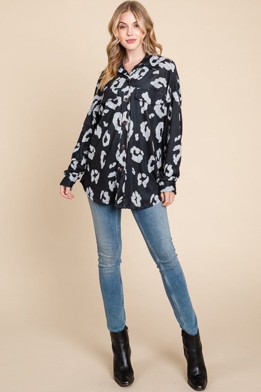 Black Animal Print Button Up Knit Shacket - Tigbul's Variety Fashion Shop