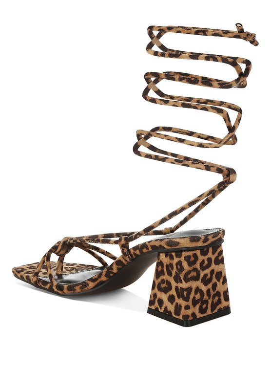 Leopard print square-toe heeled sandal, cross ankle straps, wide block heel