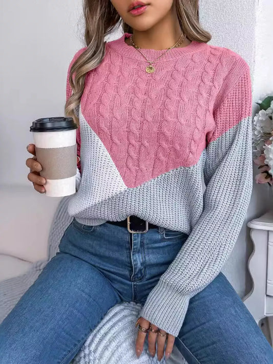 Color Block Cable Knit Long Sleeve Sweater - Tigbul's Variety Fashion Shop