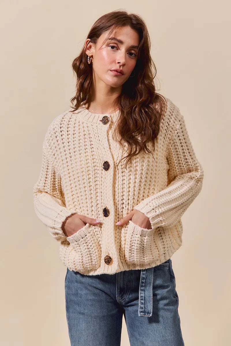 SO ME Metal Button Long Sleeve Chunky Sweater Cardigan - Tigbul's Variety Fashion Shop