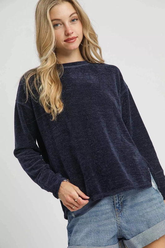 Umgee Round Neck Long Sleeve Side Slit Top - Tigbul's Variety Fashion Shop