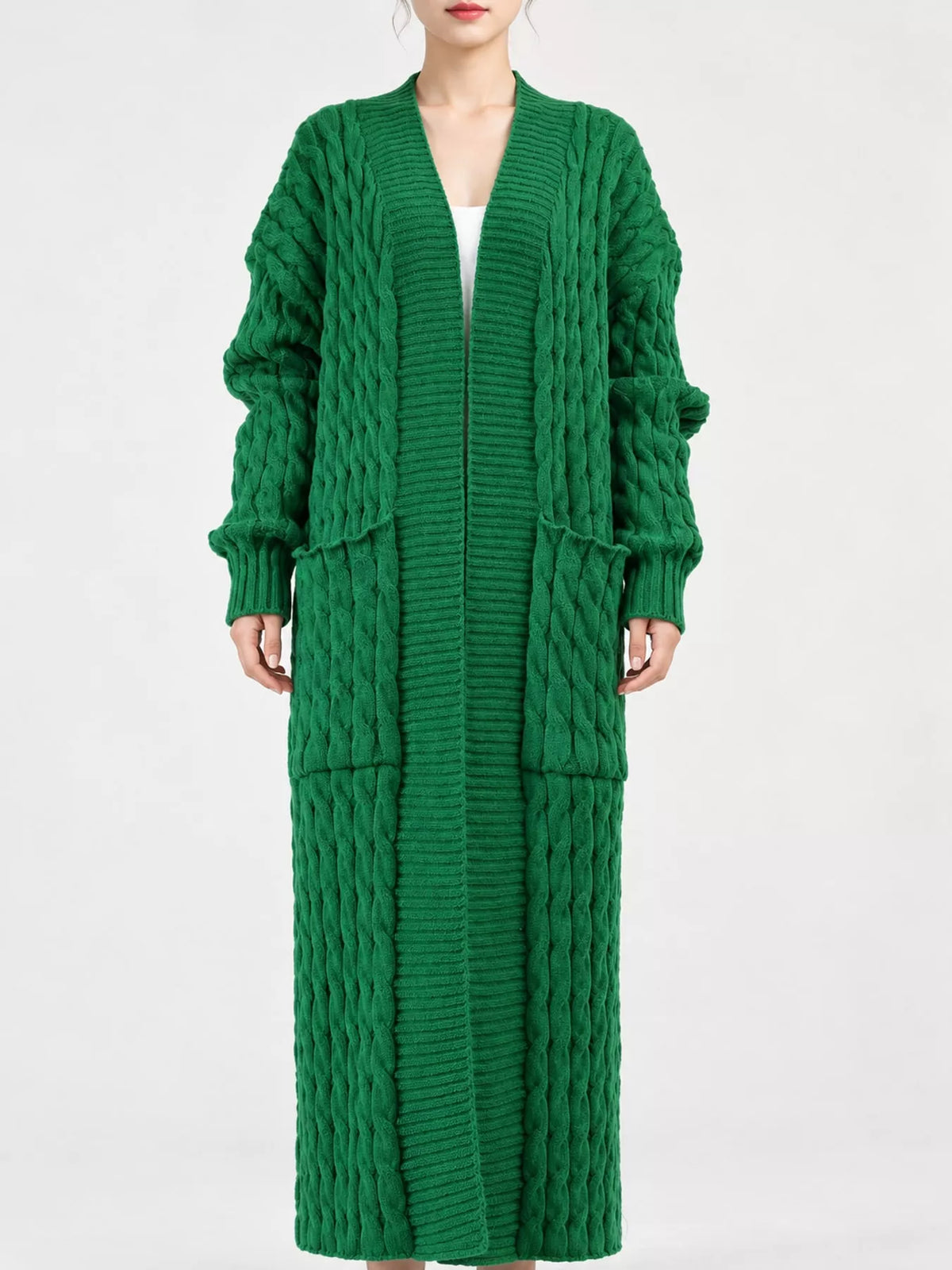 Elegant Cable-Knit Longline Open-Front Cardigan | Tigbuls Variety