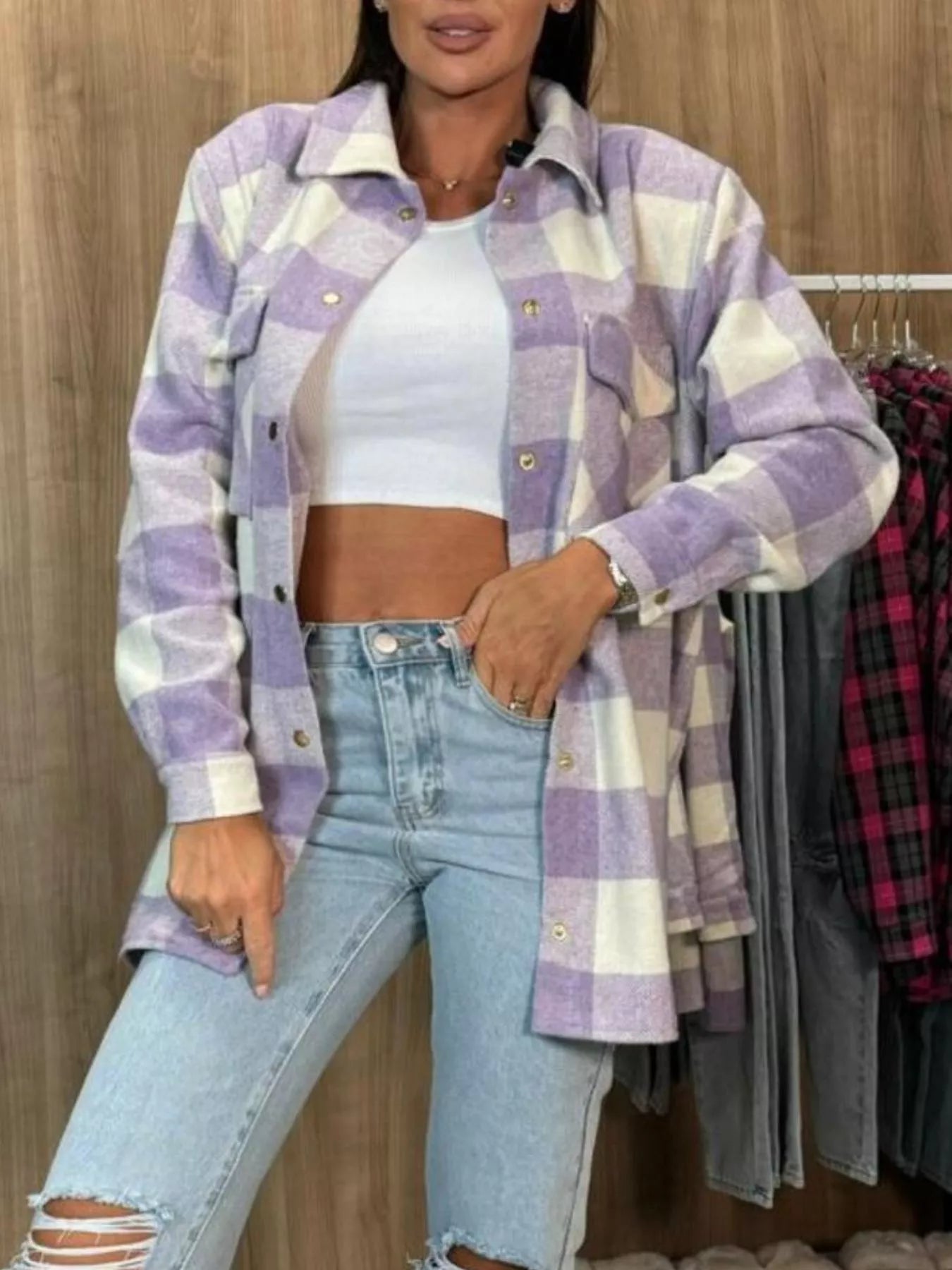 Plaid Button-Down Long Sleeve Shacket - Tigbul's Variety Fashion Shop