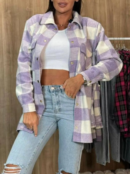 Plaid Button-Down Long Sleeve Shacket - Tigbul's Variety Fashion Shop