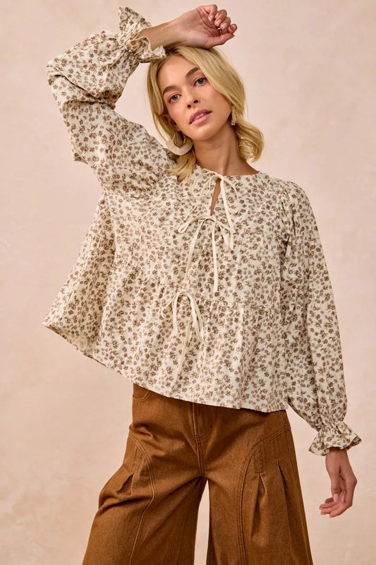 BiBi Floral Printed Peplum Blouse with Shirring and Tied - Tigbul's Variety Fashion Shop