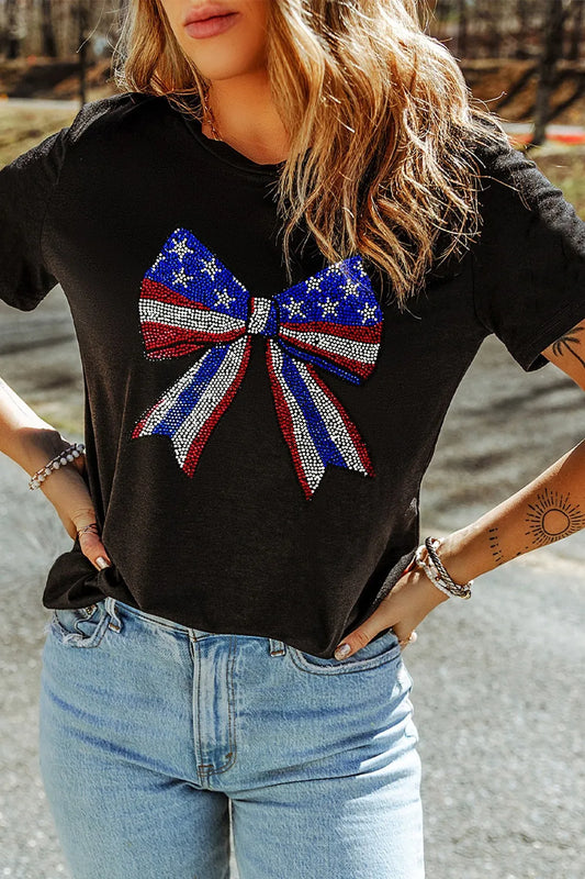 Bow Rhinestone Round Neck T-Shirt - Tigbul's Variety Fashion Shop