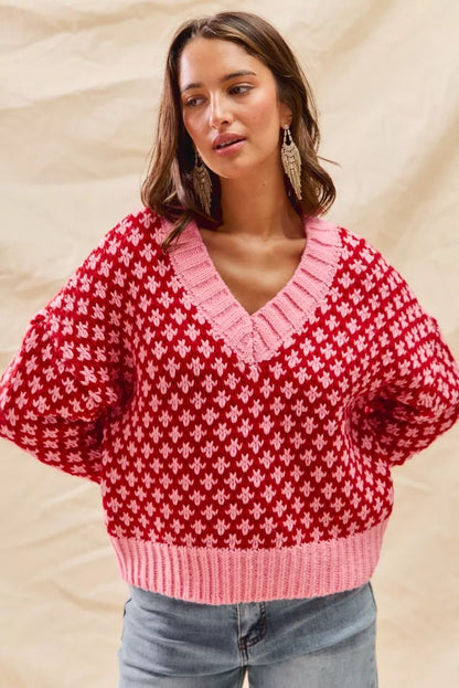 SO ME Color Block Textured Christmas Sweater V Neck Top - Tigbul's Variety Fashion Shop