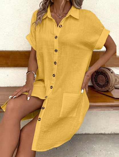 Casual Button Down Cotton Shirt Dress with Pockets - Tigbul's Variety Fashion Shop