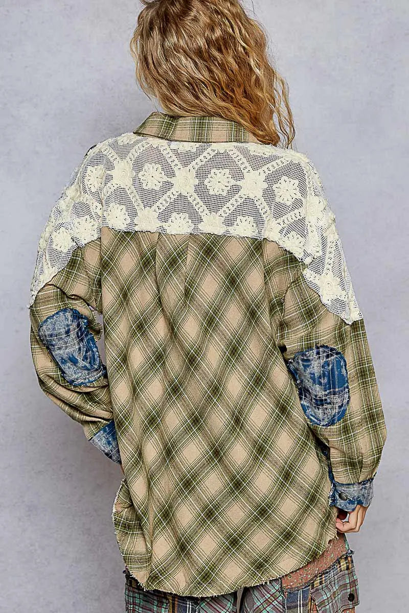 POL Lace Patchwork Plaid Oversized Shirt - Tigbul's Variety Fashion Shop