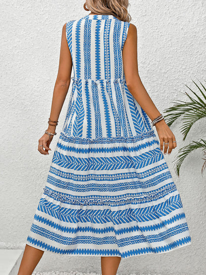 Frill Printed Notched Sleeveless Dress - Tigbuls Variety Fashion
