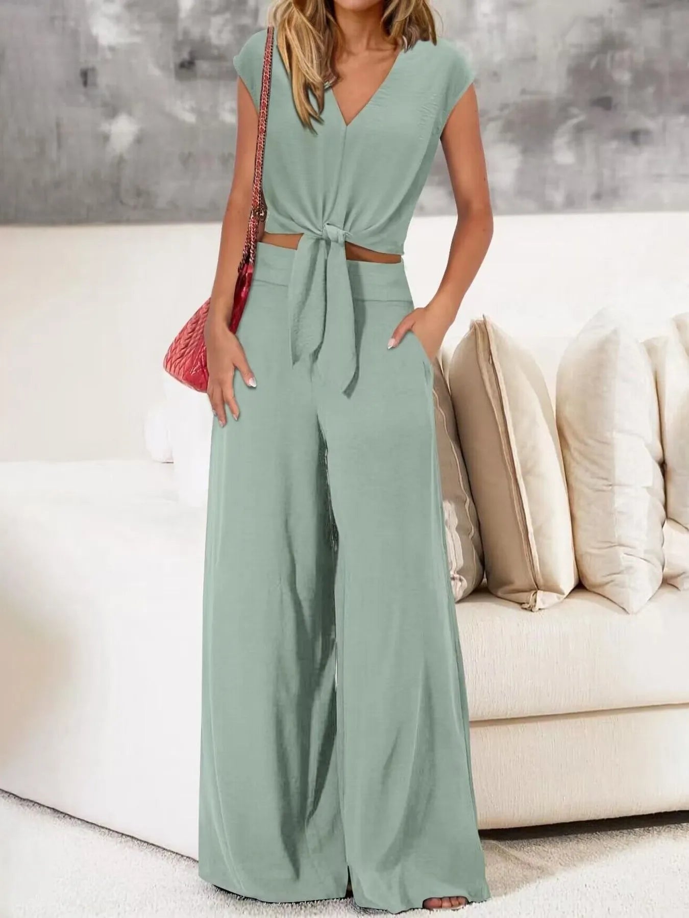 Tie Front Top and Wide Leg Pants Set - Tigbul's Variety Fashion Shop