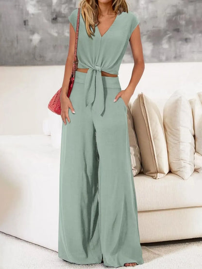 Tie Front Top and Wide Leg Pants Set - Tigbul's Variety Fashion Shop