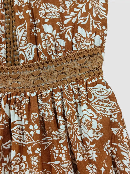 Brown Lace Detail Printed Short Sleeve Midi Dress - Tigbul's Variety Fashion Shop