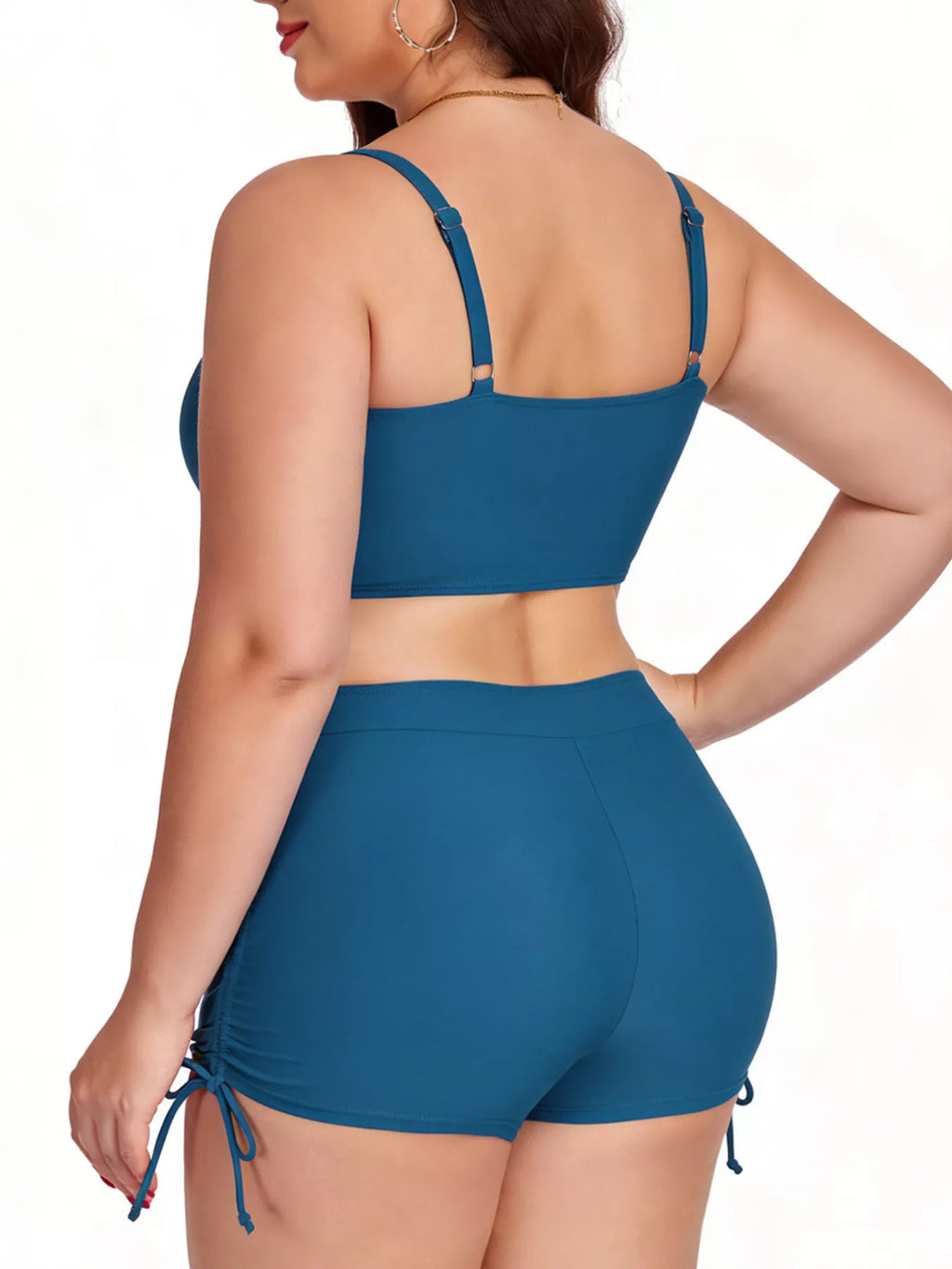 Ruched drawstring swim set, peacock blue back view with adjustable straps
