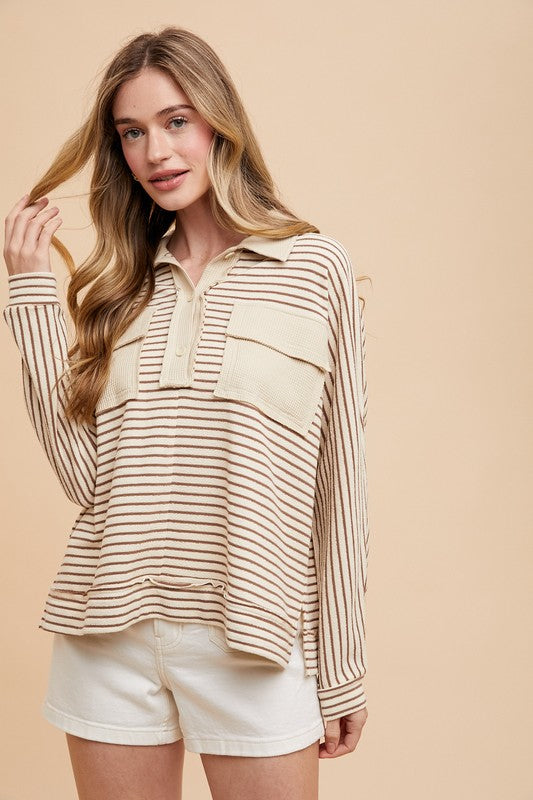 Striped Button Detail Long Sleeve Polo Top - Tigbul's Variety Fashion Shop