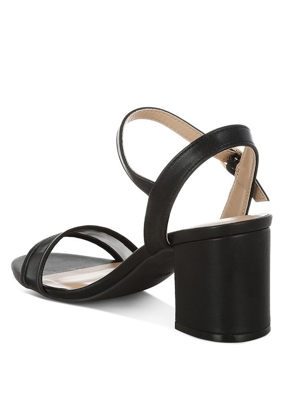 Black mesh heeled sandal with square toe, T-strap, and thick block heel