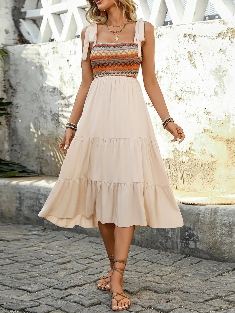 Tie Shoulder Square Neck Tiered Midi Dress - Tigbul's Variety Fashion Shop