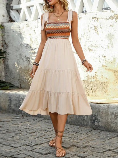 Tie Shoulder Square Neck Tiered Midi Dress - Tigbul's Variety Fashion Shop