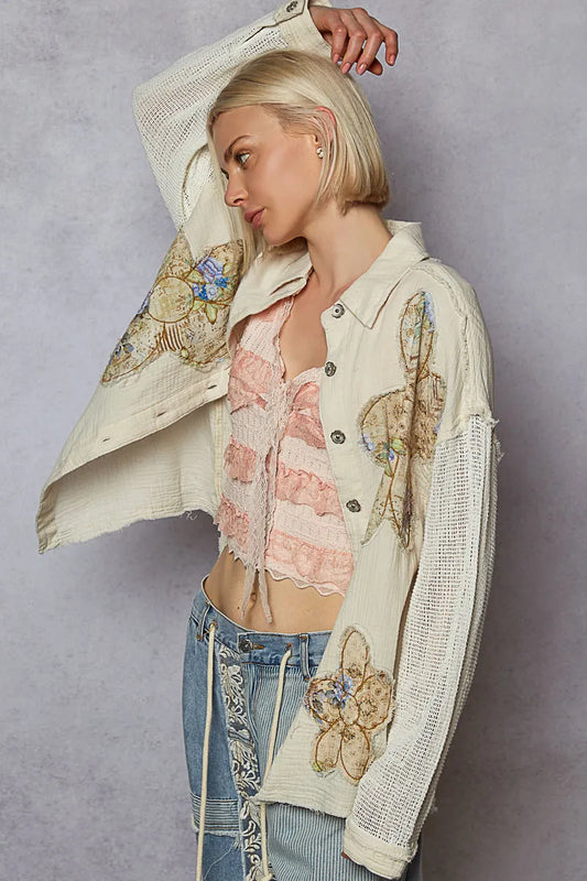 POL Button Down Exposed Seam Flower Print Patch Shirt with Crochet Long Sleeve - Tigbul's Variety Fashion Shop