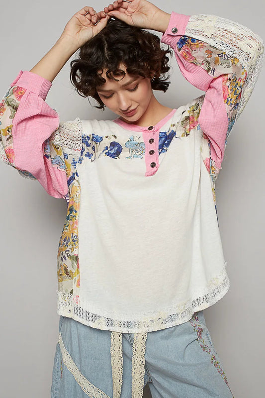 POL Button Detail Floral Patchwork Crochet Sleeve Blouse - Tigbul's Variety Fashion Shop