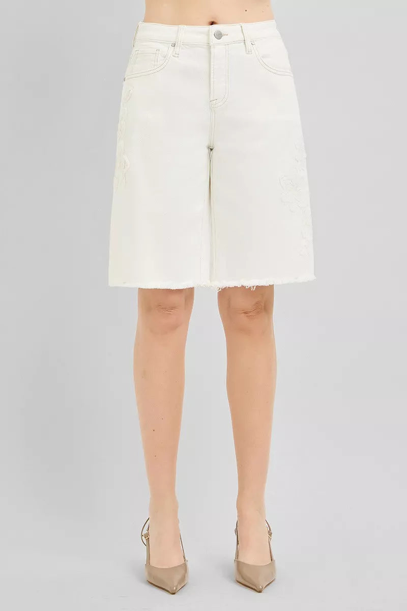 RISEN Slouchy Relaxed Floral Embroidered Bermuda Denim Shorts - Tigbul's Variety Fashion Shop