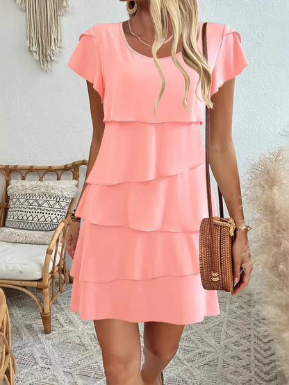 Casual Layered Round Neck Ruffled Sleeve Dress - Tigbul's Variety Fashion Shop