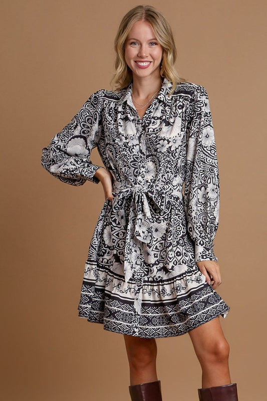 Umgee Full Size Two Tone Floral Border Print Tie Waist Mini Dress Plus Size - Tigbul's Variety Fashion Shop