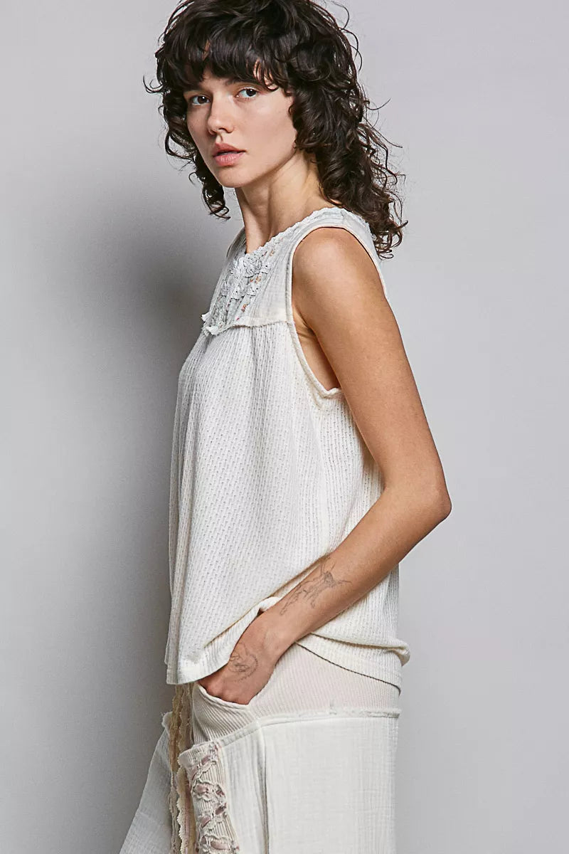 Natural sleeveless double-gauze top with lace-trim V-neck and side drape