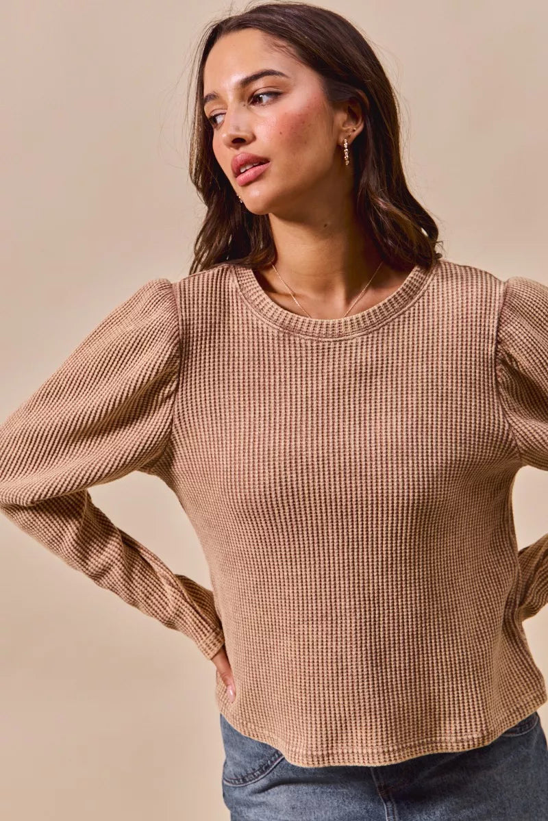 SO ME Mineral Washed Waffle Top With Puff Sleeves - Tigbul's Variety Fashion Shop