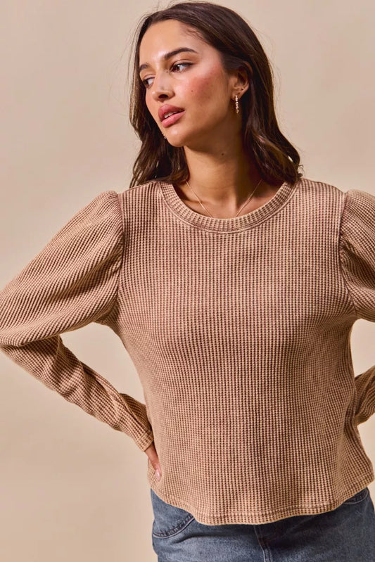 SO ME Mineral Washed Waffle Top With Puff Sleeves - Tigbul's Variety Fashion Shop