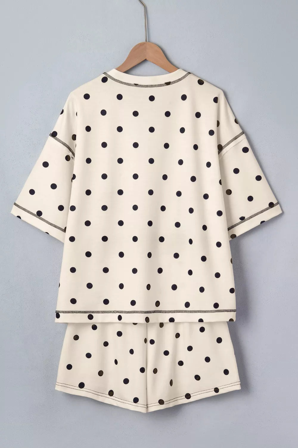 Cream polka dot loose tee and shorts set, crew neckline with contrast trim