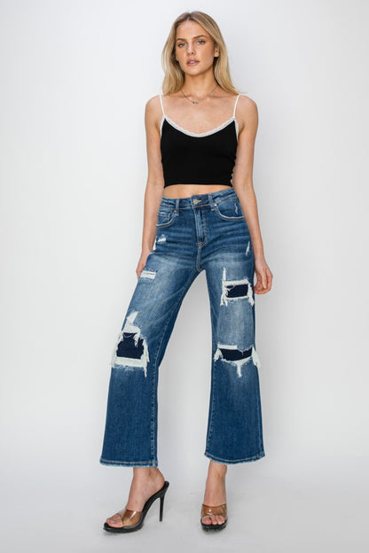 Risen Full Size High Rise Patch Detailed Wide Leg Crop Jeans - Tigbul's Variety Fashion Shop