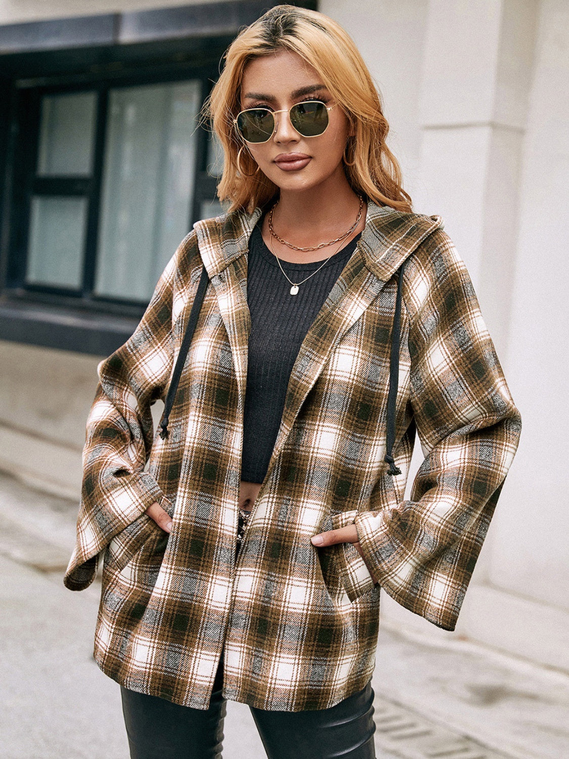 Pocketed Plaid Long Sleeve Hooded Jacket - Tigbul's Variety Fashion Shop