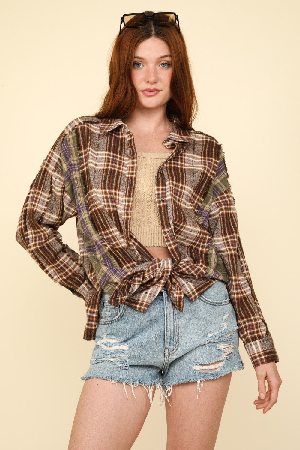 Contrast Plaid Raw Detail Shirt - Tigbul's Variety Fashion Shop