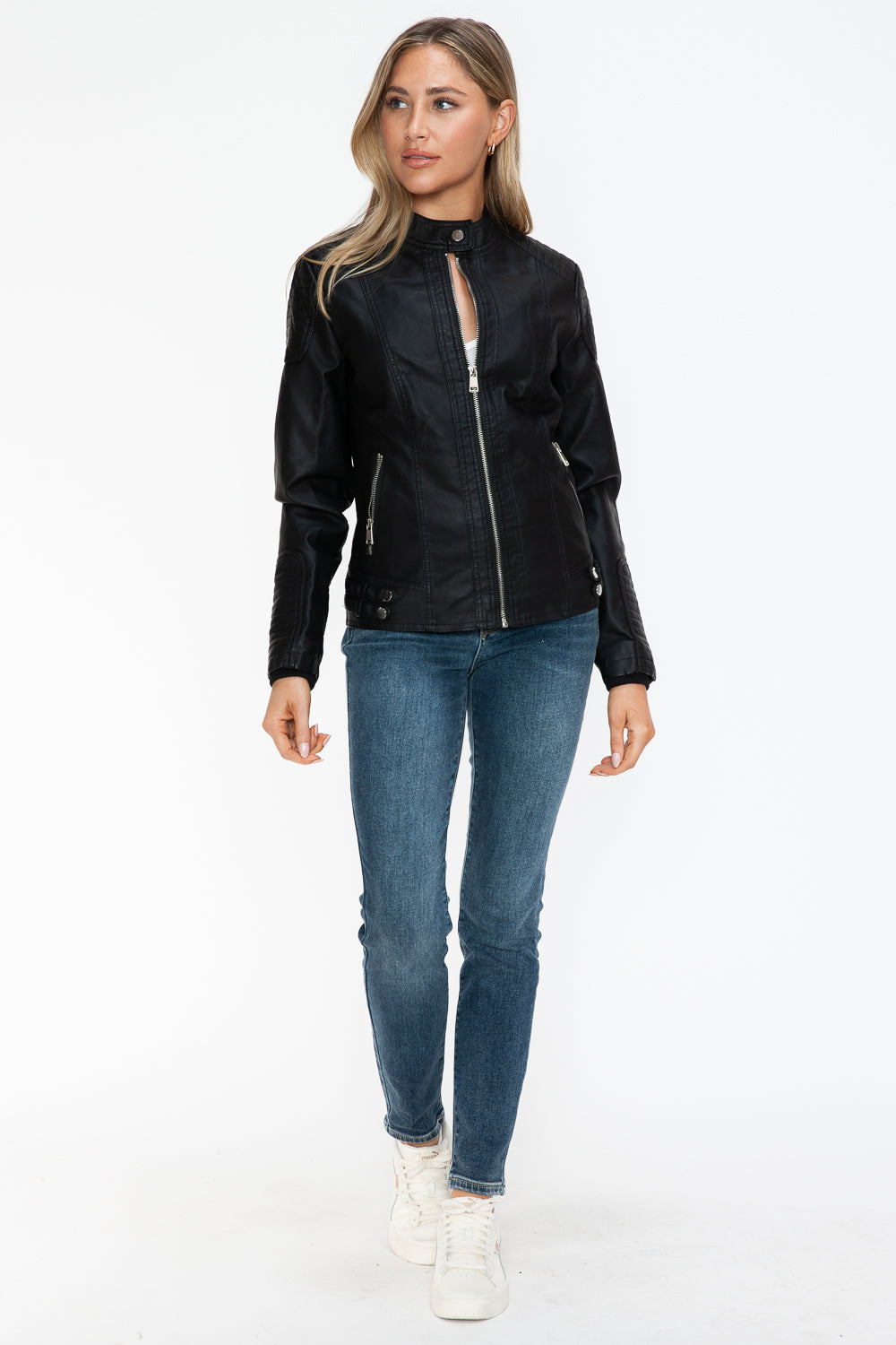 Black Faux Leather Biker Jacket with Side Zip Pockets