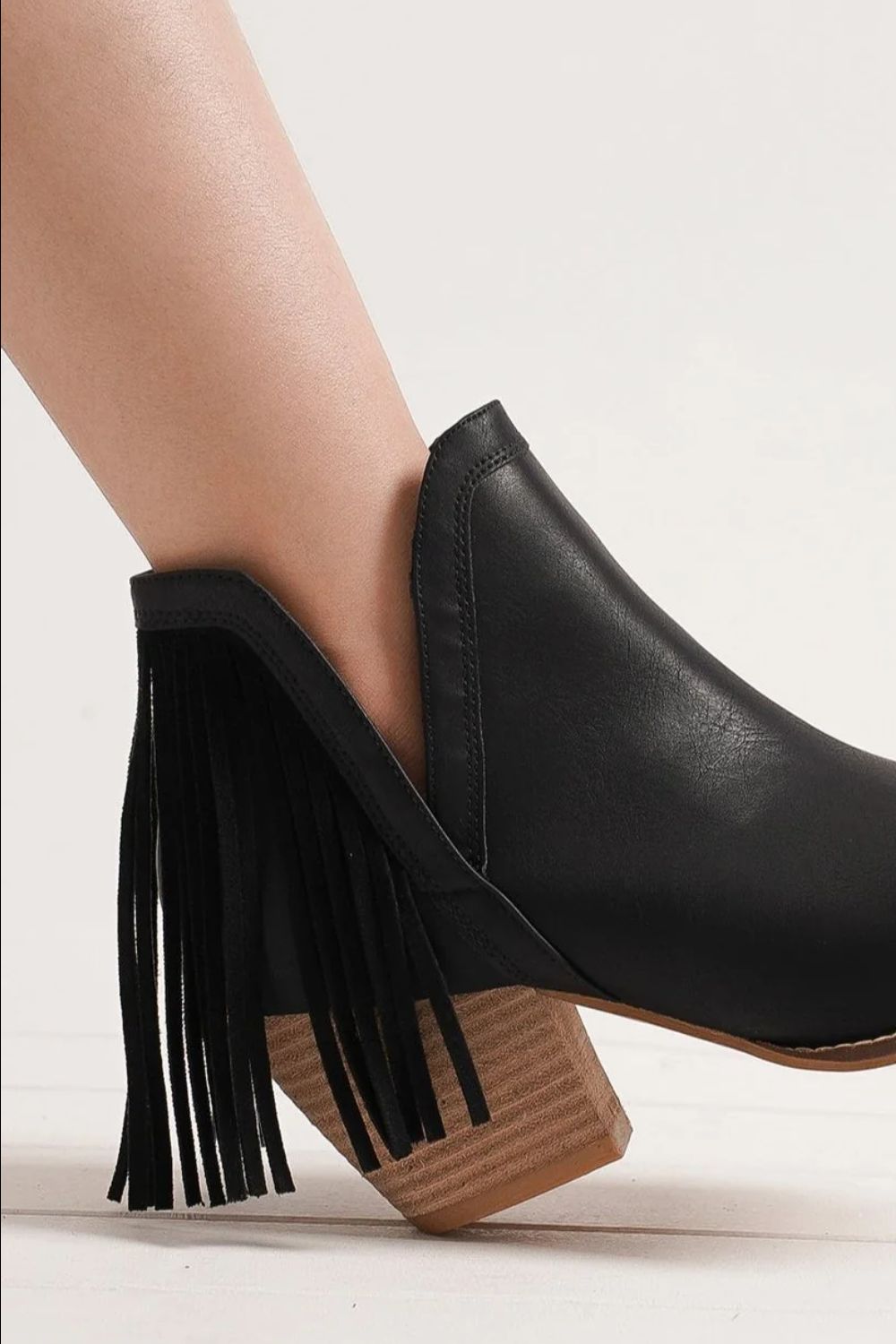 Black Fringe Side V-Cut Ankle Booties | Tigbuls Variety