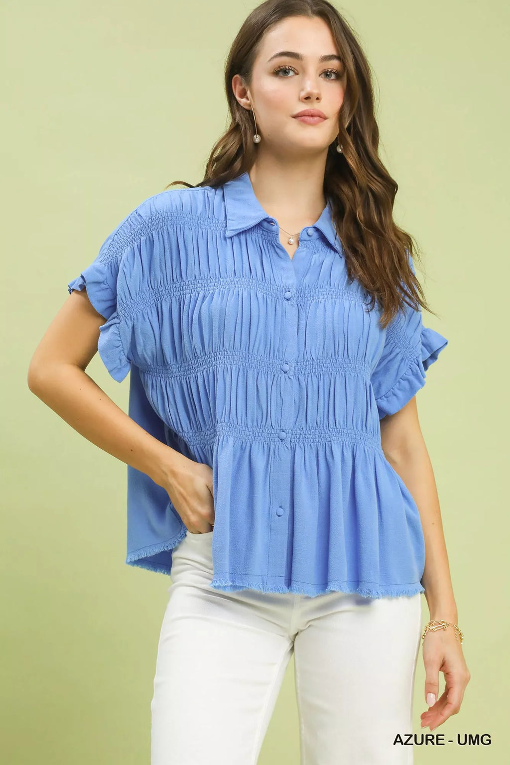 Azure washed linen-blend smocked shirt with ruffle sleeves and button front