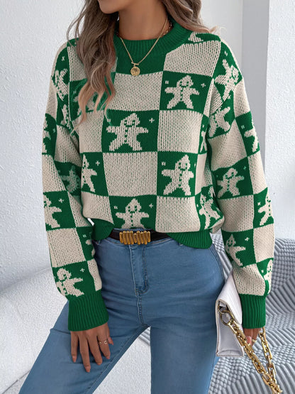 Christmas Checkerboard Gingerbread Round Neck Sweater - Tigbul's Variety Fashion Shop