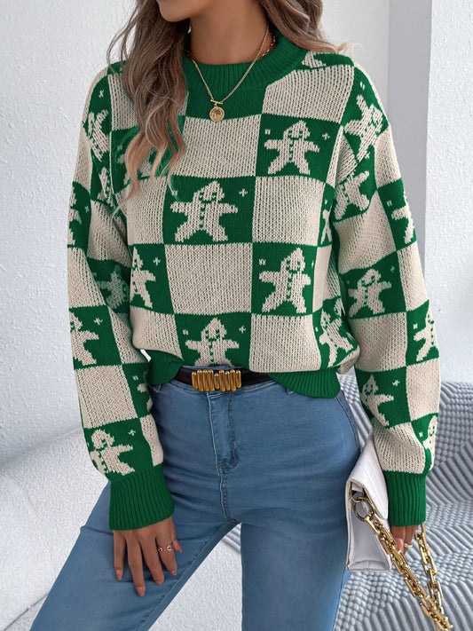 Christmas Checkerboard Gingerbread Round Neck Sweater - Tigbul's Variety Fashion Shop