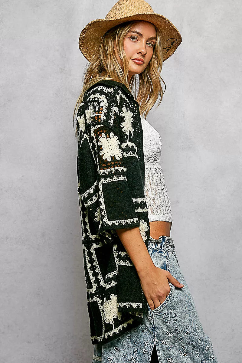 POL Button Down Openwork Floral Crochet Shirt with Granny Square Pattern - Tigbul's Variety Fashion Shop