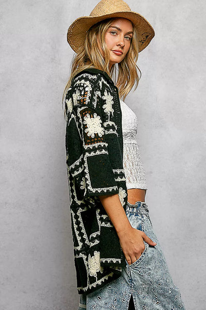 POL Button Down Openwork Floral Crochet Shirt with Granny Square Pattern - Tigbul's Variety Fashion Shop