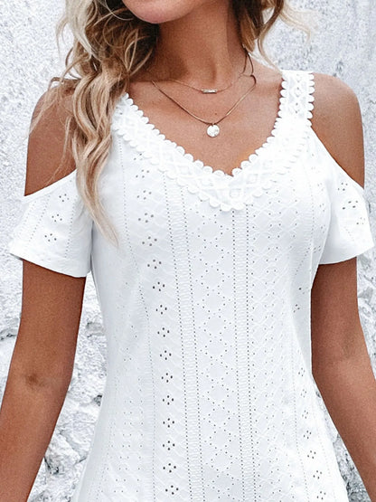 Cold Shoulder Short Sleeve Eyelet Mini Dress - Tigbul's Variety Fashion Shop