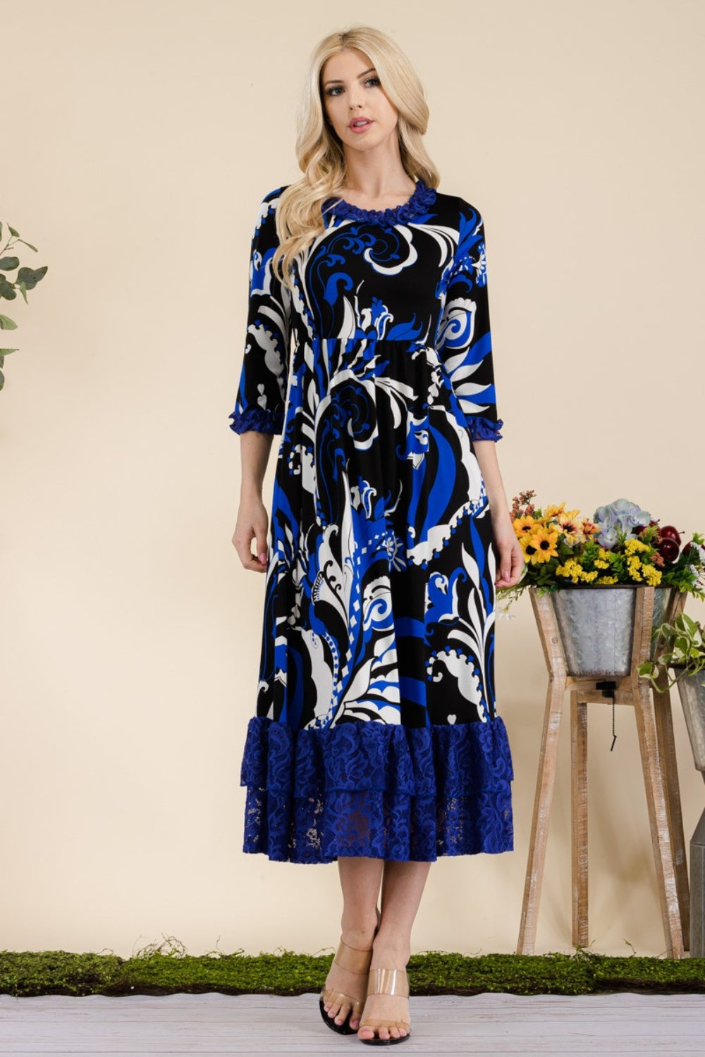 Celeste Full Size Paisley Print Lace Ruffled Midi Dress - Tigbul's Variety Fashion Shop