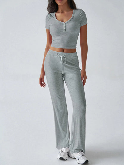 Casual Ribbed Short Sleeve Top and Pants Set - Tigbul's Variety Fashion Shop