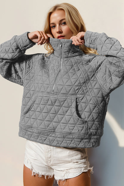 Double Take Half Zip Long Sleeve Quilted Sweatshirt with Pocket - Tigbul's Variety Fashion Shop