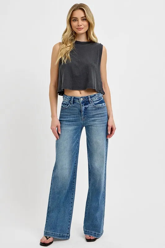 RISEN Full Size Tummy Control High Rise Wide Adjustable Waist Band Jeans Plus Size - Tigbul's Variety Fashion Shop