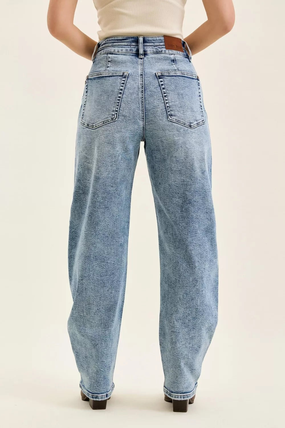 Light Blue high-waist jeans, back view with double waistband and rear pockets